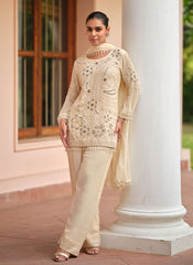 Cream White Embroidery Pant Style Suit