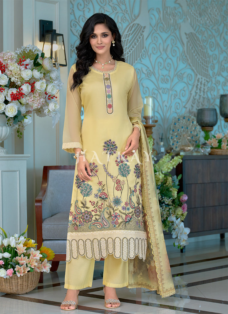 Yellow Floral Embroidery Pant Style Suit