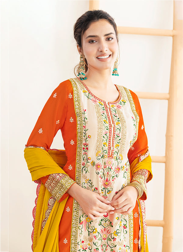 Orange And Yellow Embroidery Pant Style Suit