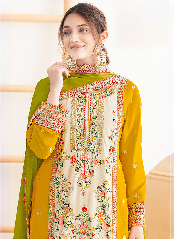 Green And Yellow Embroidery Pant Style Suit