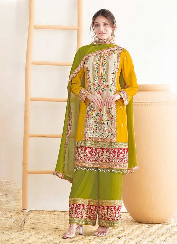 Green And Yellow Embroidery Pant Style Suit