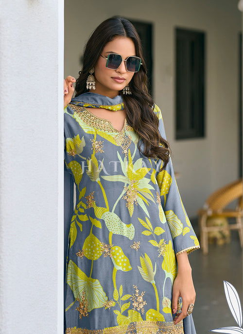 Blue straight-cut salwar suit paired with fitted pants
