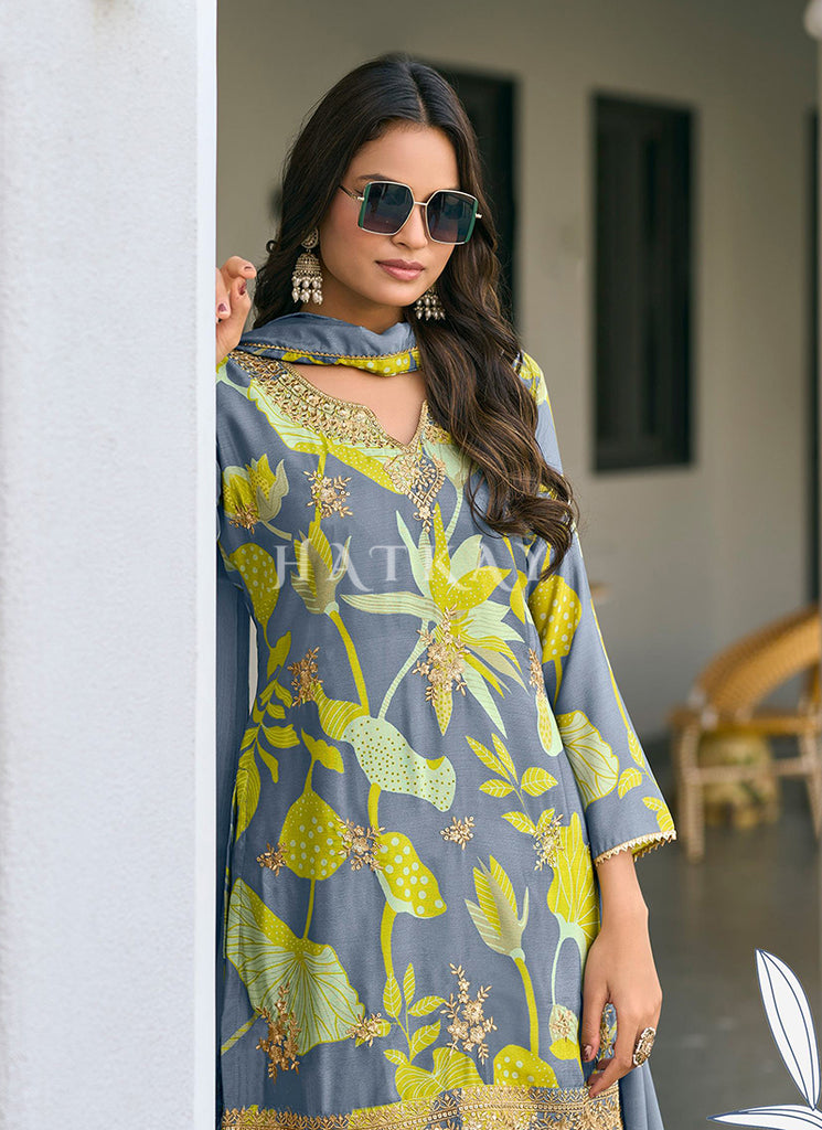 Blue straight-cut salwar suit paired with fitted pants

