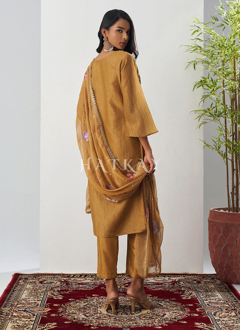 Yellow Pant Style Suit With Traditional Embroidery

