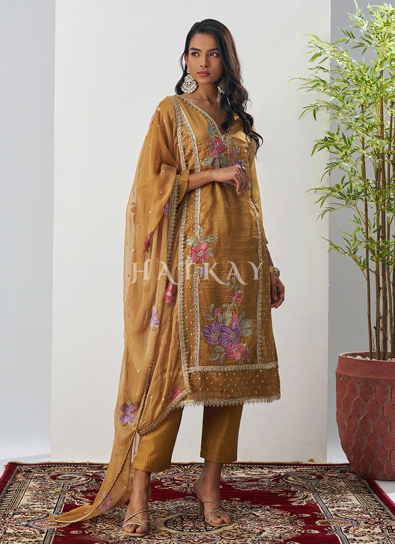 Yellow designer pant suit ideal for festive occasions

