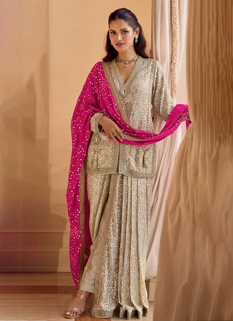 Beige Dhoti Style Pant With Magenta Dupatta