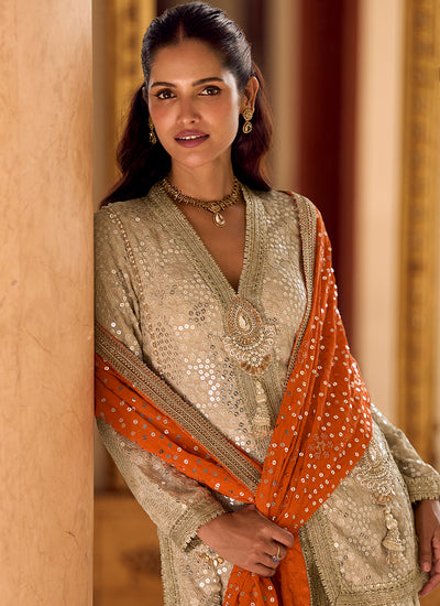 Beige Dhoti Style Pant With Orange Dupatta