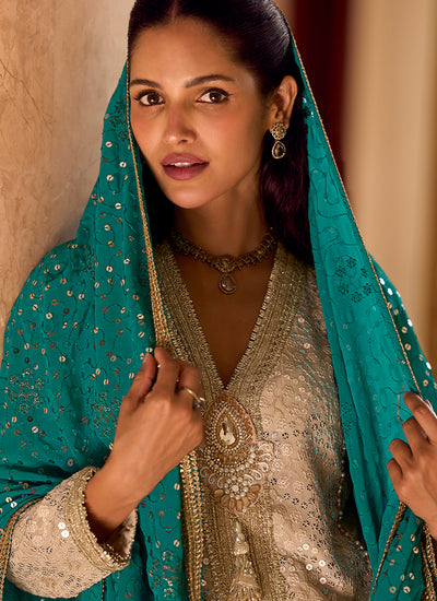 Beige Dhoti Style Pant With Turquoise Dupatta