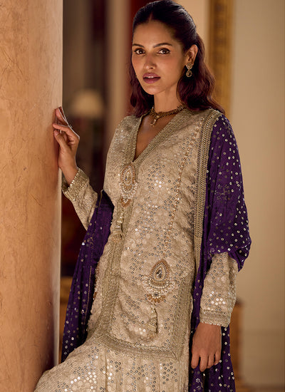 Beige Dhoti Style Pant With Purple Dupatta