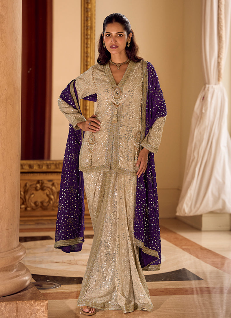 Beige Dhoti Style Pant With Purple Dupatta