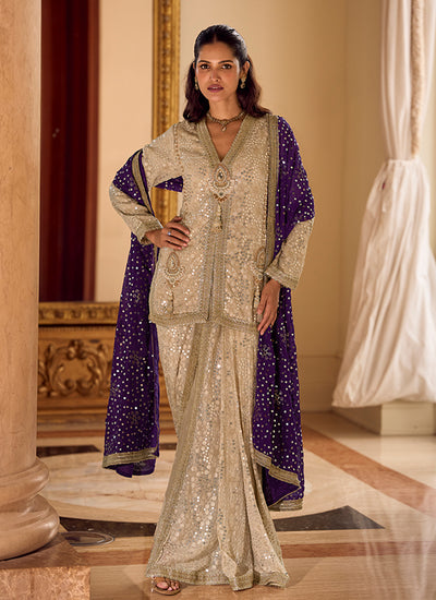 Beige Dhoti Style Pant With Purple Dupatta