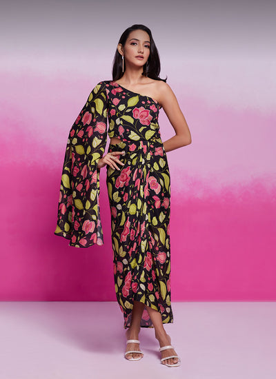 Black Floral Printed Chinnon Silk Dress