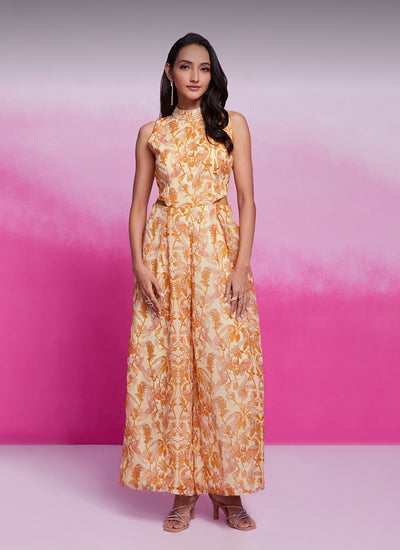 Pastel Orange Floral Printed Organza Silk Jumpsuit