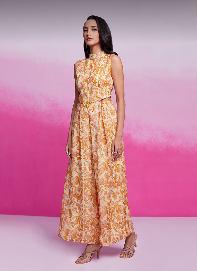 Buy Pastel Orange Floral Silk Jumpsuit Online 