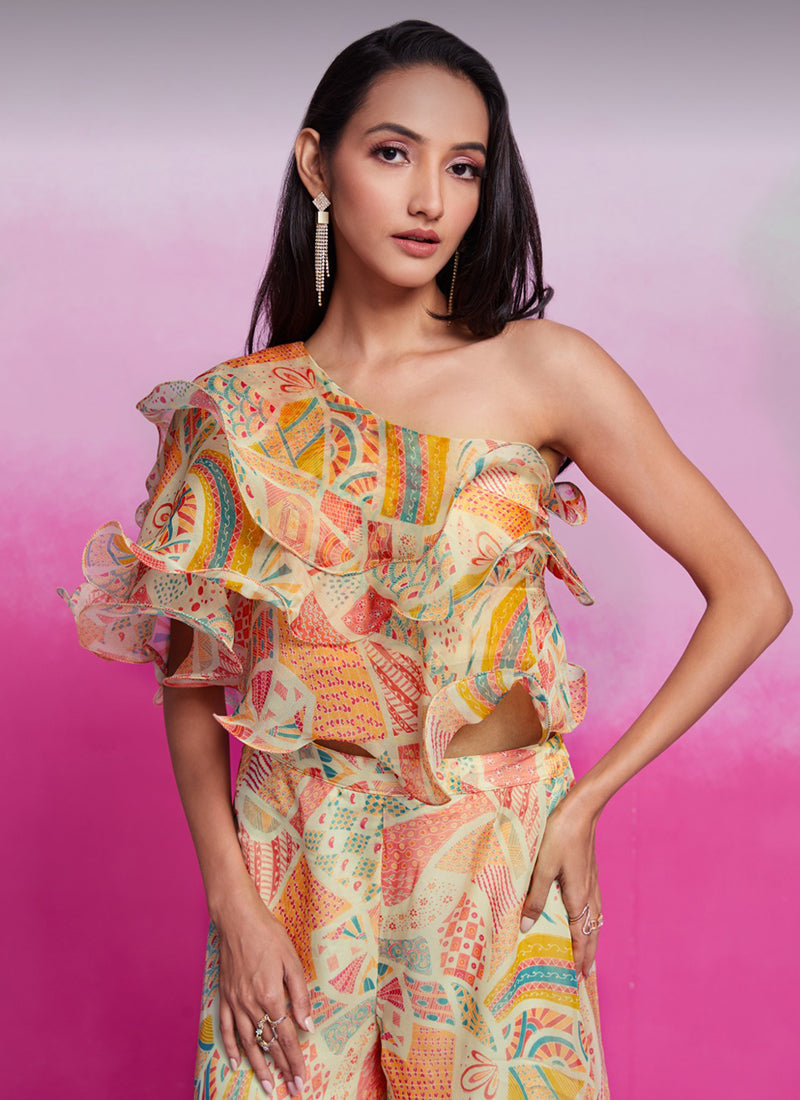 Shop Cream Multicolour Silk Co-Ord Set In UK
