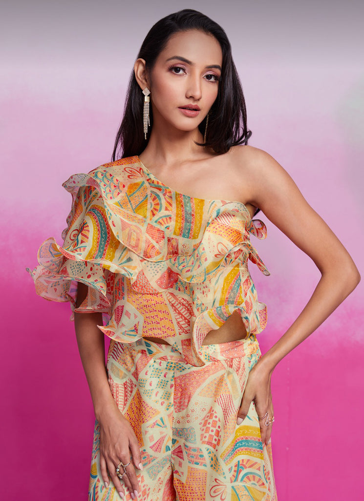 Shop Cream Multicolour Silk Co-Ord Set In UK