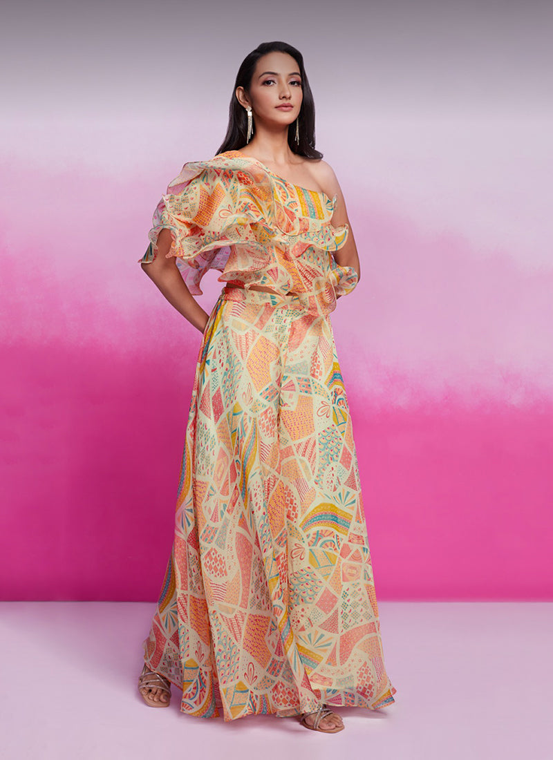 Buy Cream Organza Silk Co-Ord Set Online At Hatkay