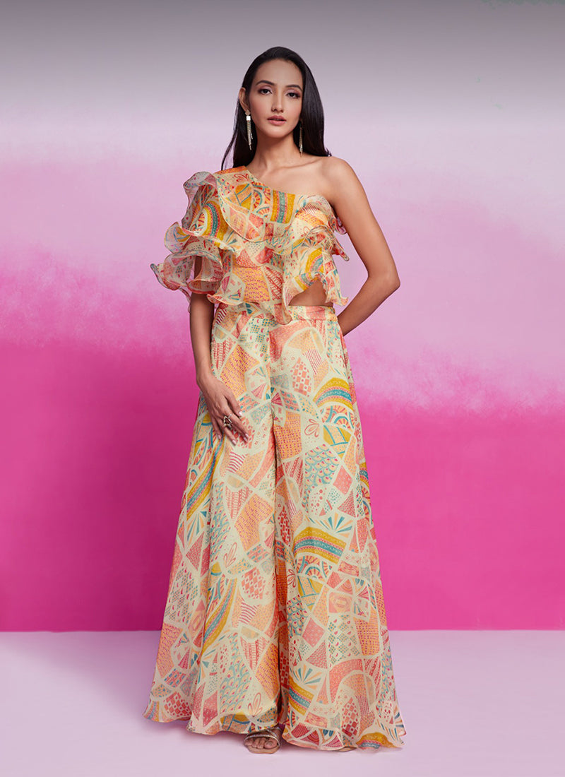 Cream Multicolour Printed Organza Silk Co-Ord Set
