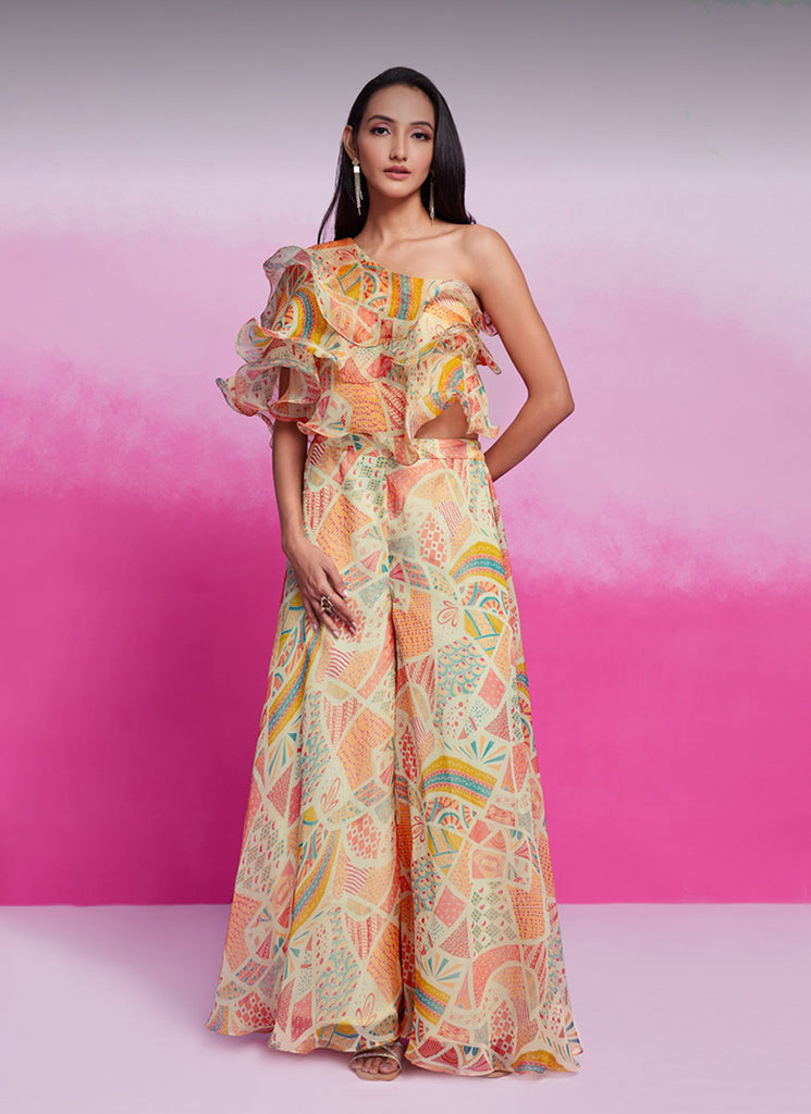 Cream Multicolour Printed Organza Silk Co-Ord Set