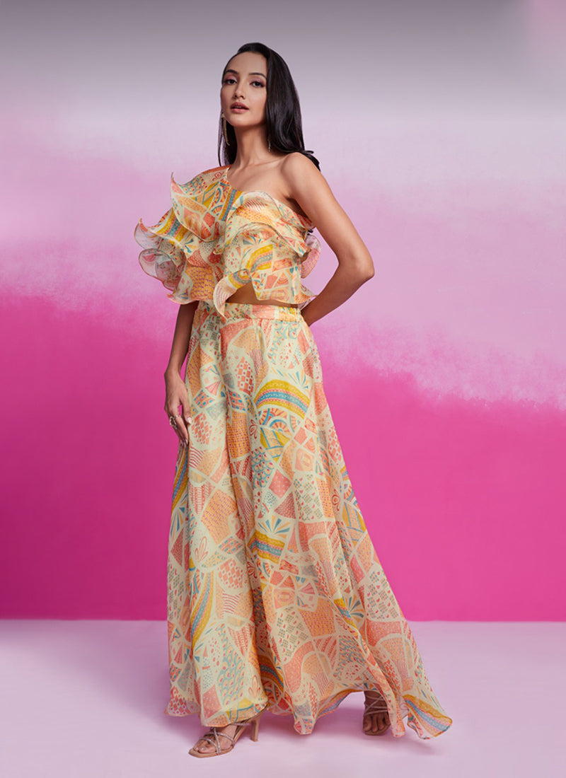 Shop Cream Multicolour Silk Co-Ord Set In UAE