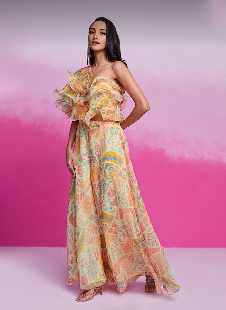 Shop Cream Multicolour Silk Co-Ord Set In UAE