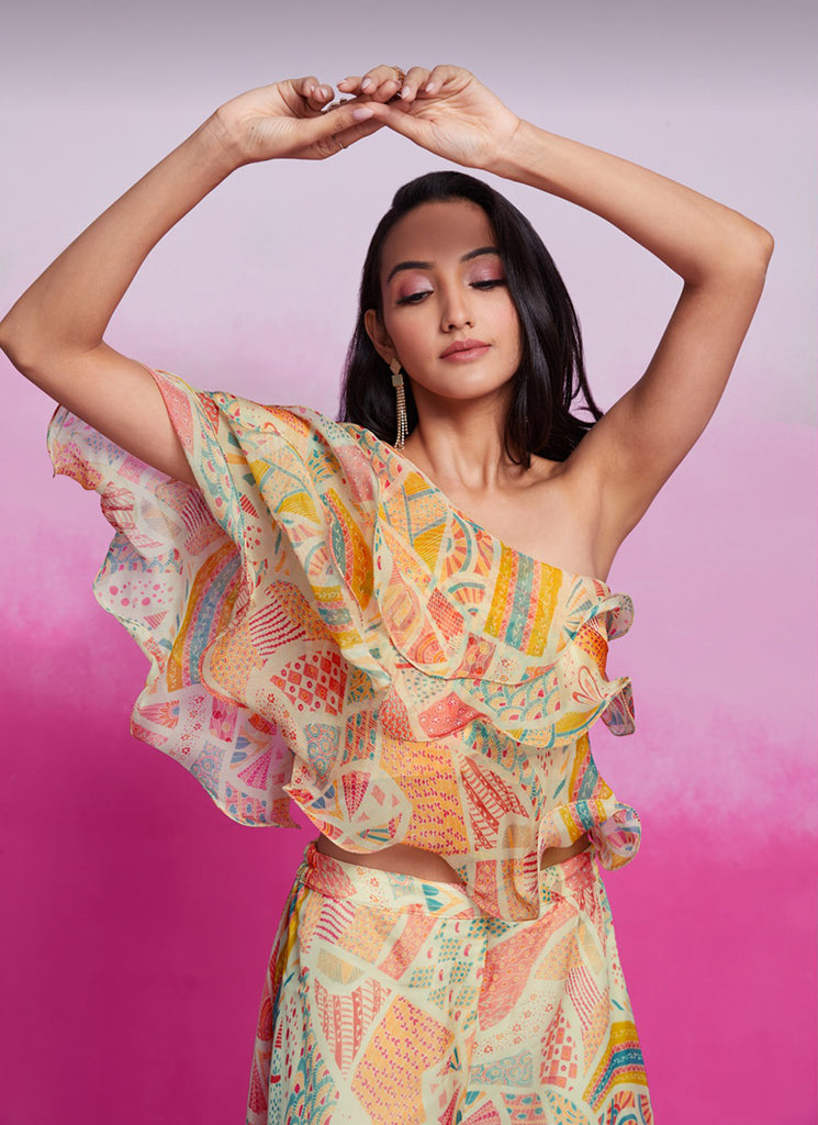 Shop Cream Multicolour Silk Co-Ord Set Online