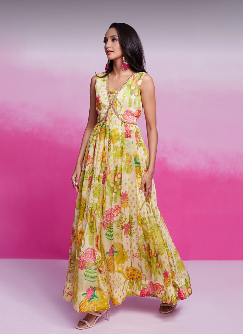 Buy Ivory Organza Silk Maxi Dress In UAE
