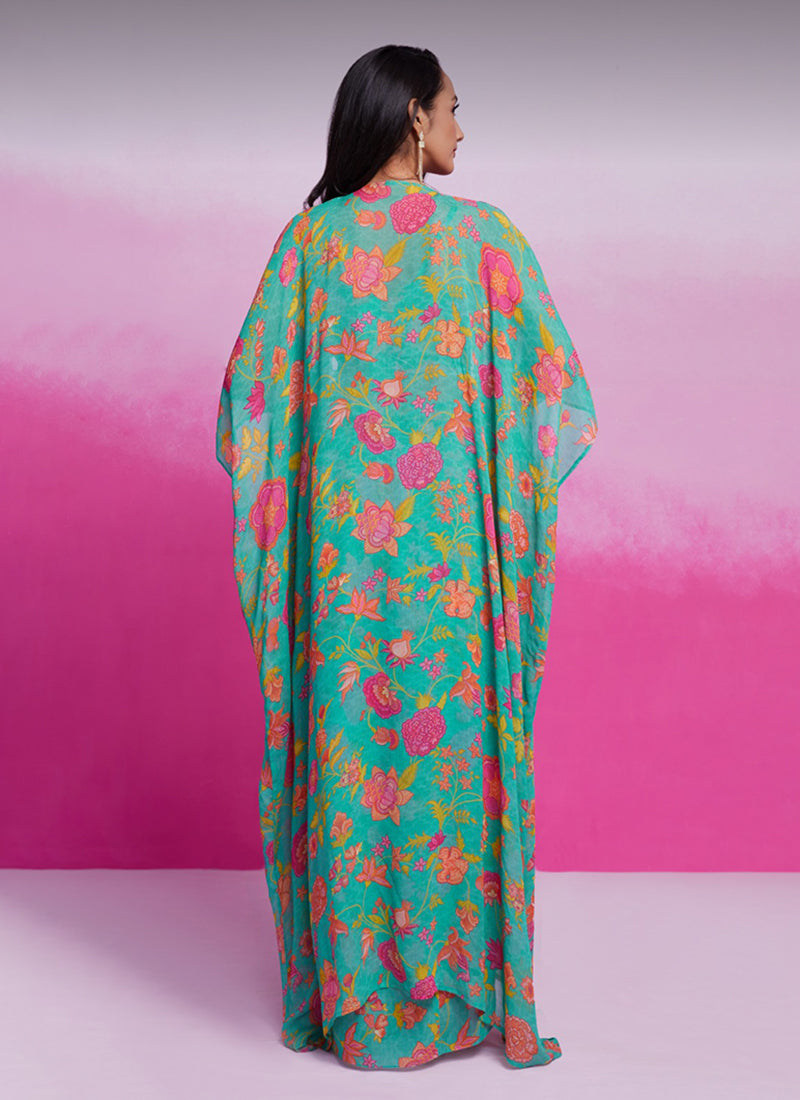 Buy Turquoise Floral Printed Skirt Set with Cape In USA
