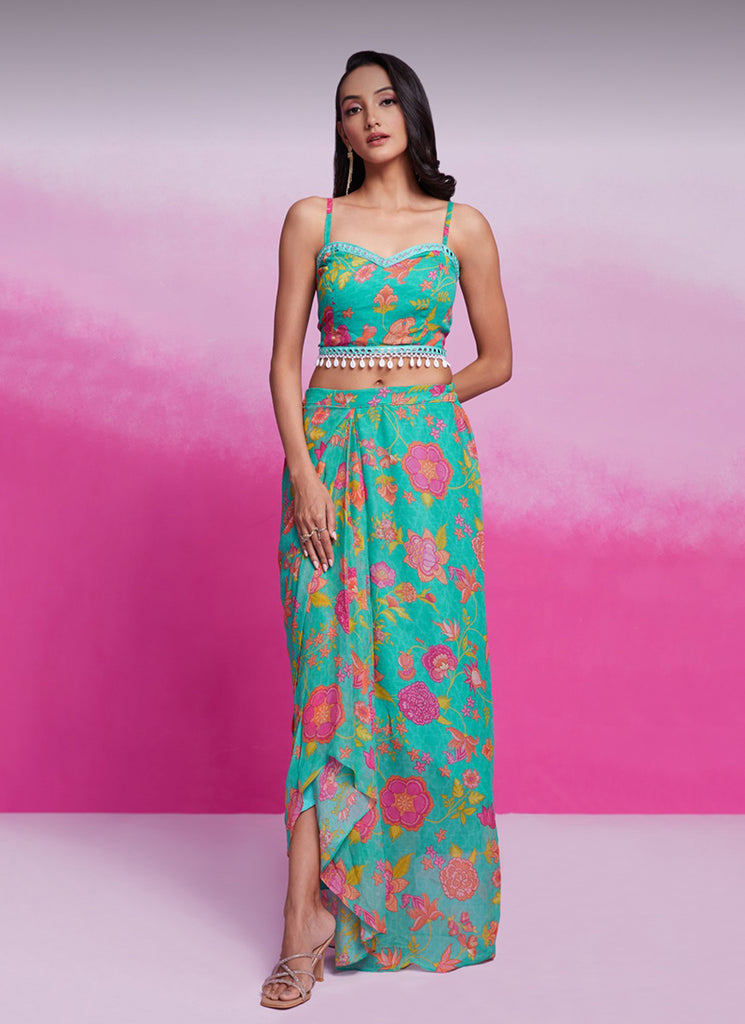 Shop Turquoise Printed Skirt Set with In UK