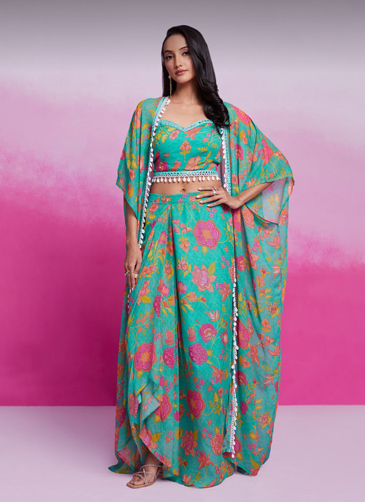 Turquoise Floral Printed Skirt Set with Cape