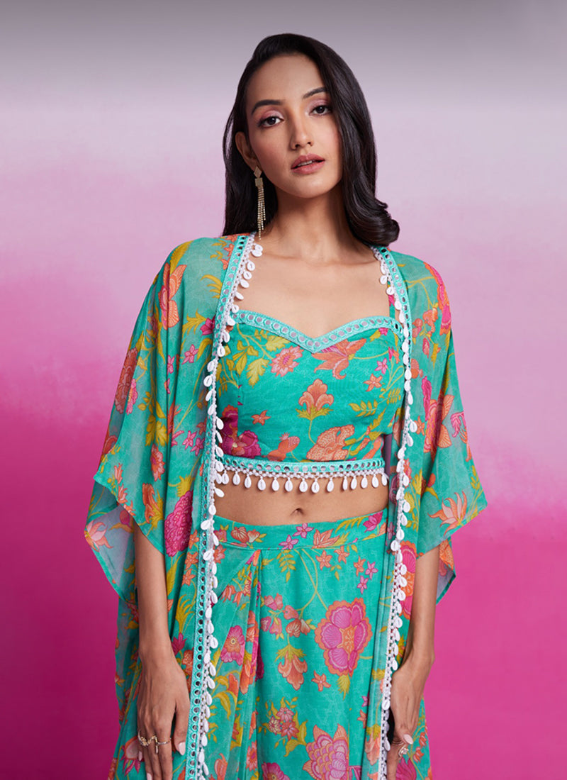 Buy Turquoise Floral Printed Skirt Set In UAE
