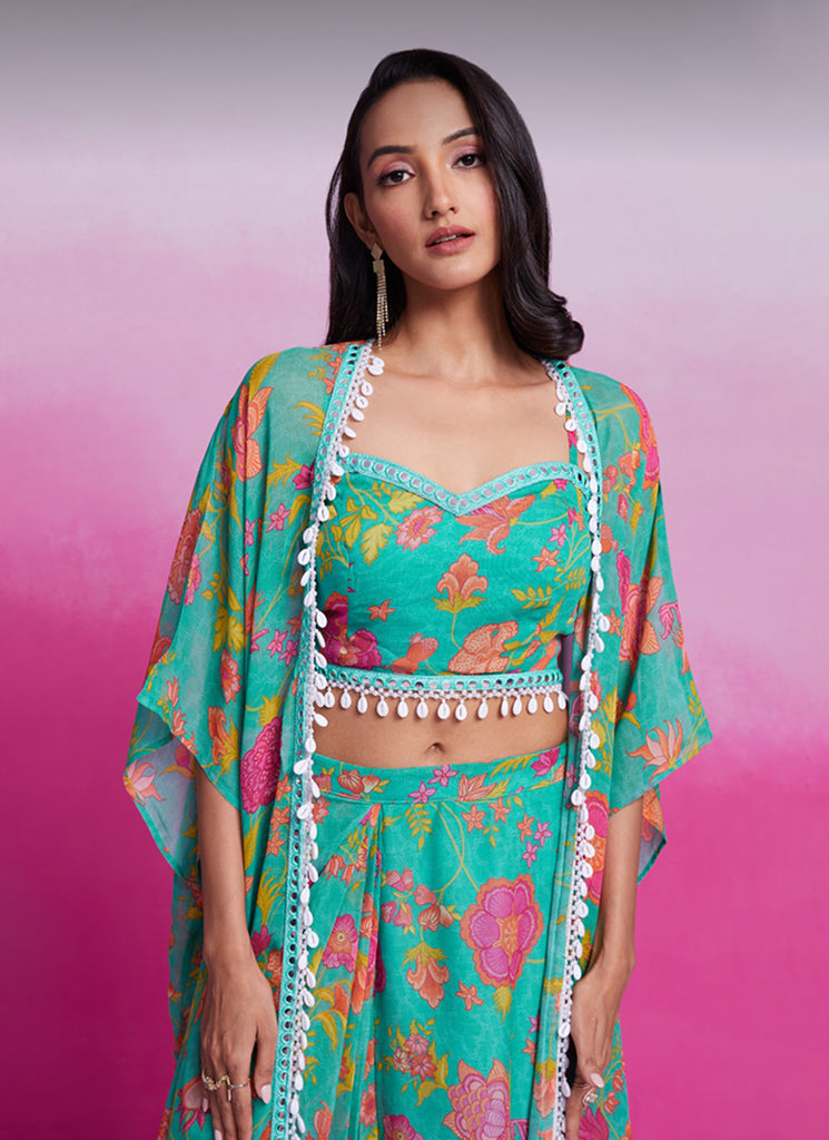 Buy Turquoise Floral Printed Skirt Set In UAE