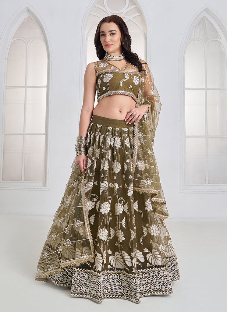 Olive Green Threadwork Embroidery Lehenga Choli