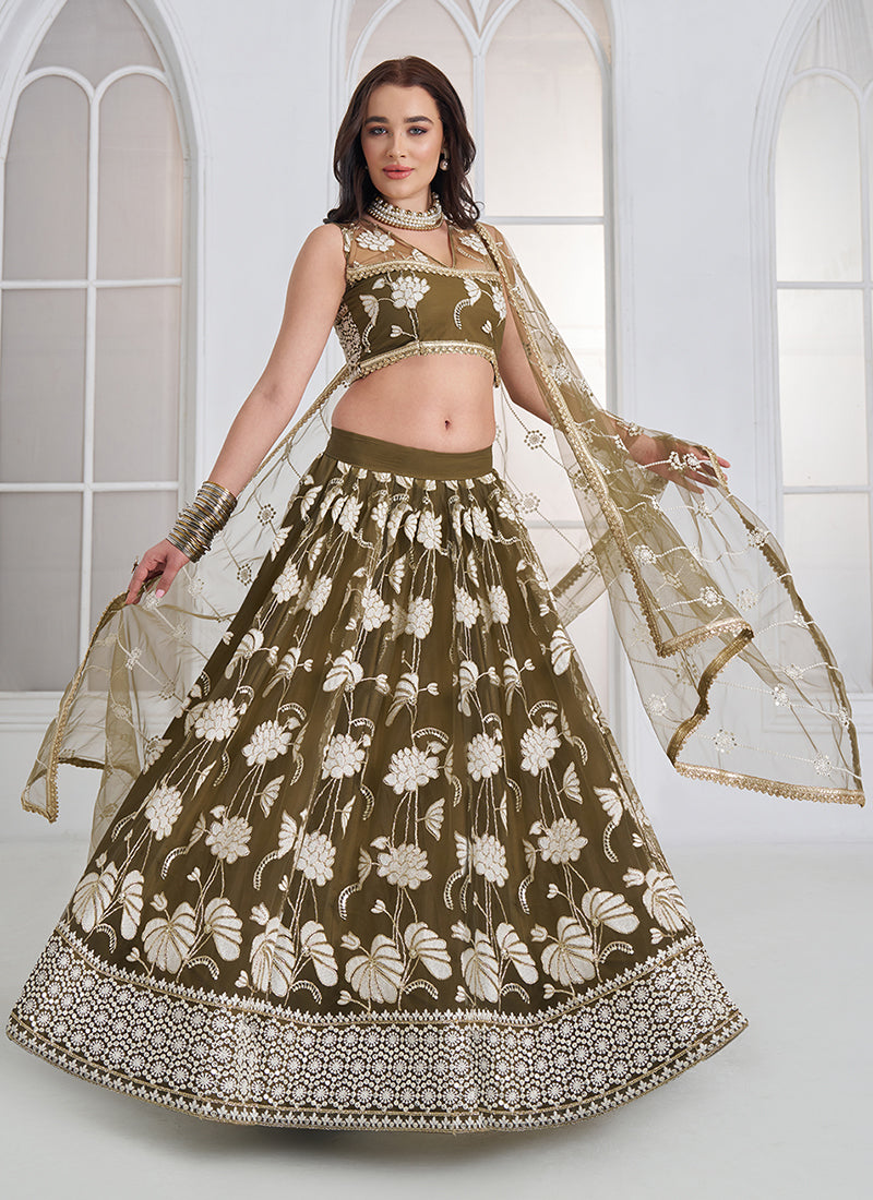 Shop Olive Green Embroidery Lehenga In Canada