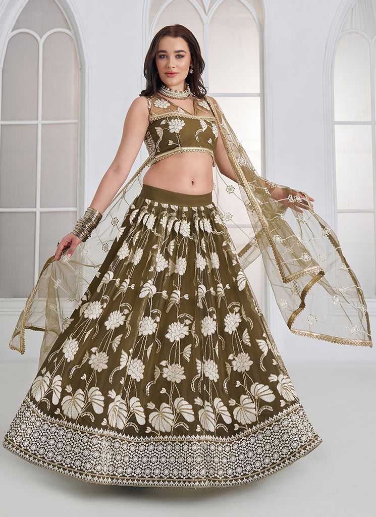 Shop Olive Green Embroidery Lehenga In Canada
