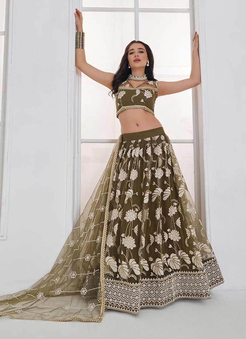 Buy Olive Green Threadwork Lehenga Australia 