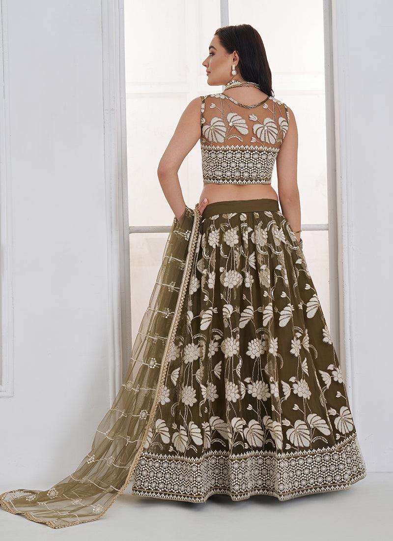 Buy Olive Green Threadwork Lehenga In UAE