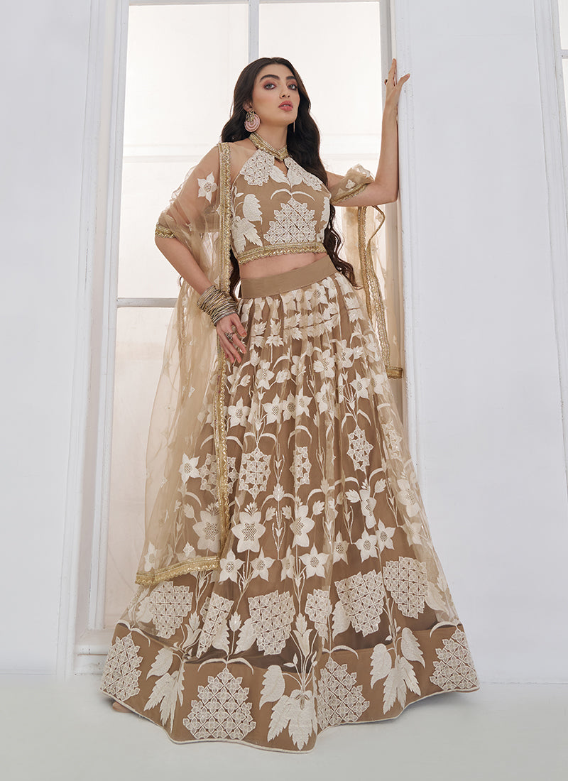 Buy Beige Threadwork Lehenga In UK