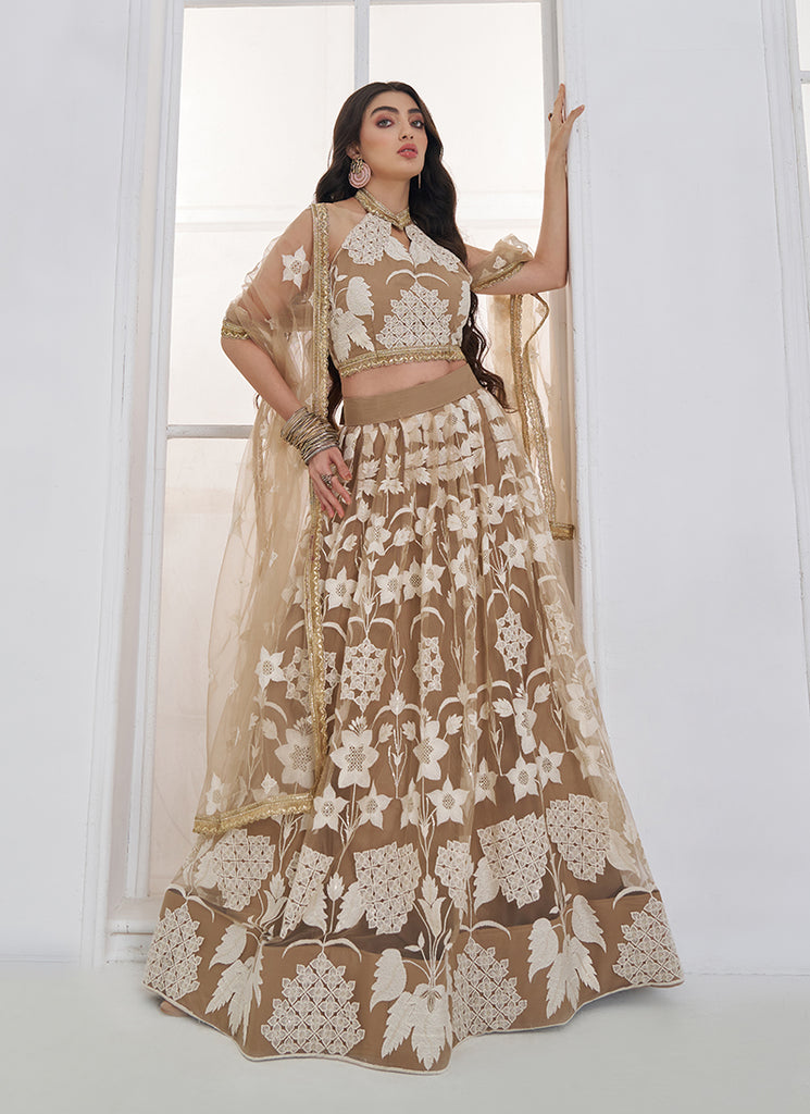 Buy Beige Threadwork Lehenga In UK