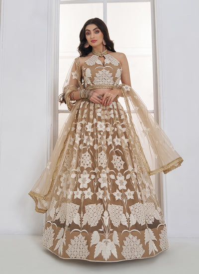 Beige Threadwork Embroidery Lehenga Choli