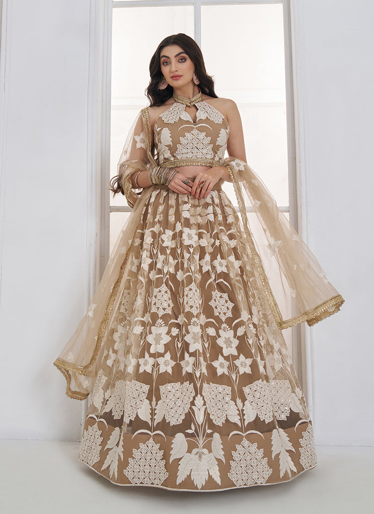 Beige Threadwork Embroidery Lehenga Choli