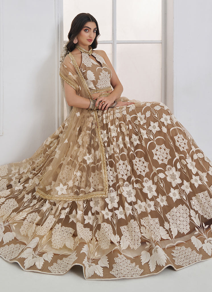 Shop Beige Threadwork Lehenga Choli In Australia