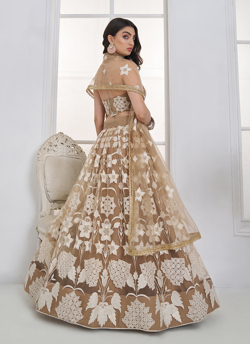 Shop Beige Threadwork Lehenga Choli Online 