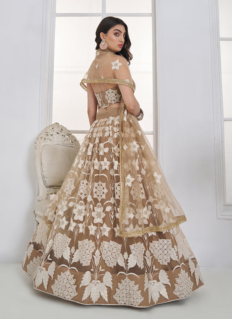 Shop Beige Threadwork Lehenga Choli Online 