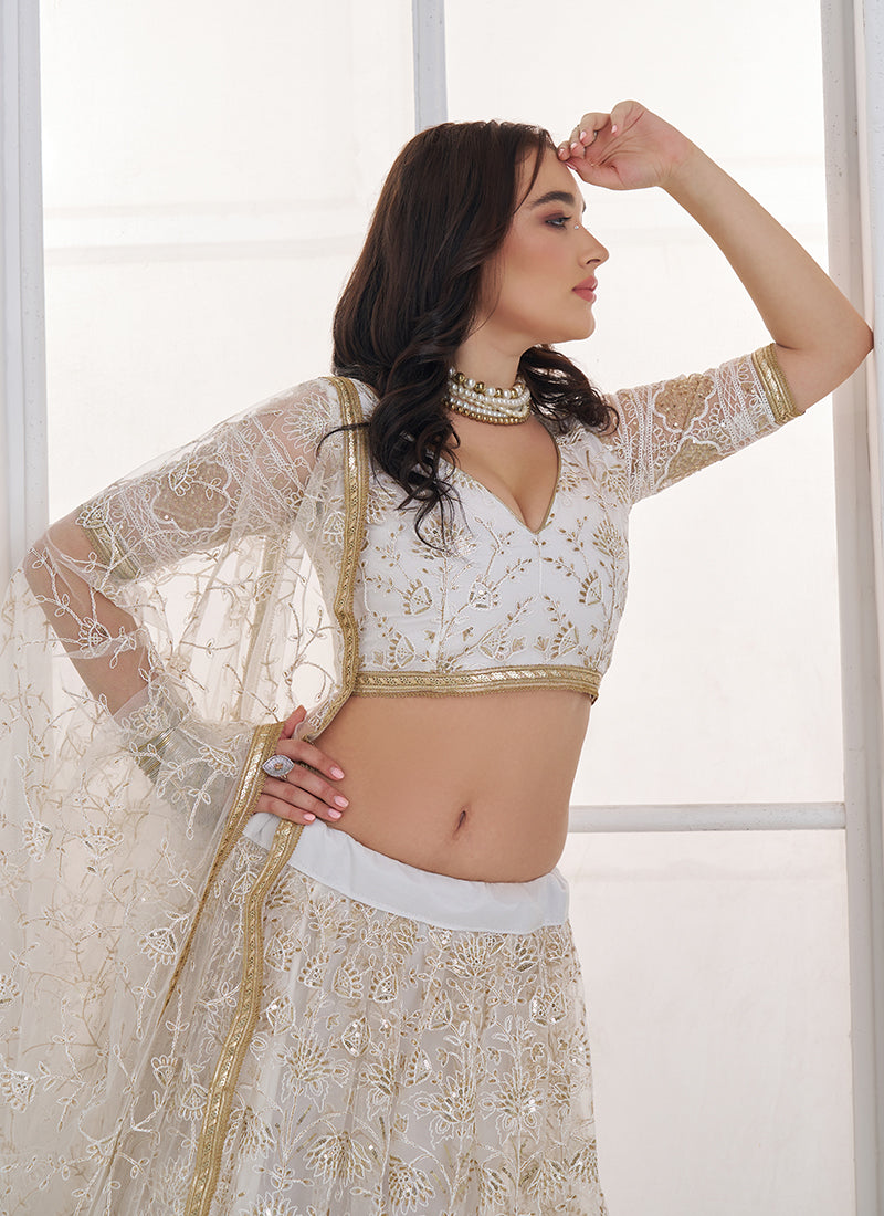 Shop Off White Threadwork Embroidery Lehenga online 