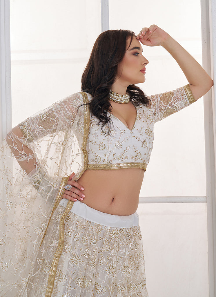 Shop Off White Threadwork Embroidery Lehenga online 