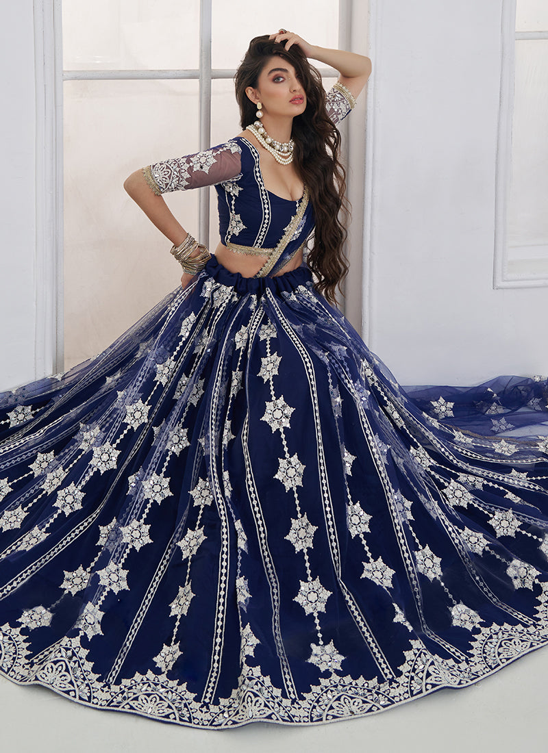 Buy Dark Blue Threadwork Embroidery Lehenga In Singapore