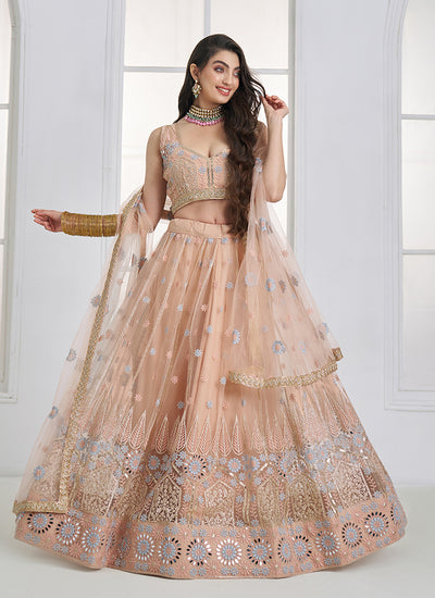 Peach Threadwork Embroidery Lehenga Choli