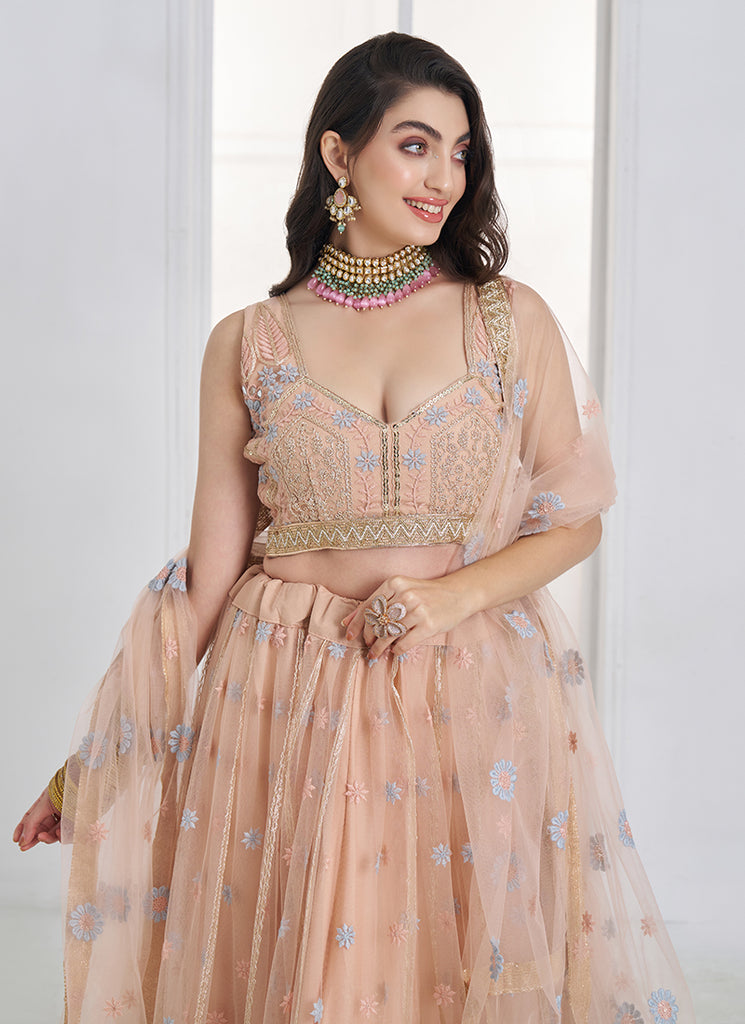 Buy Peach Threadwork Embroidery Lehenga Choli Online