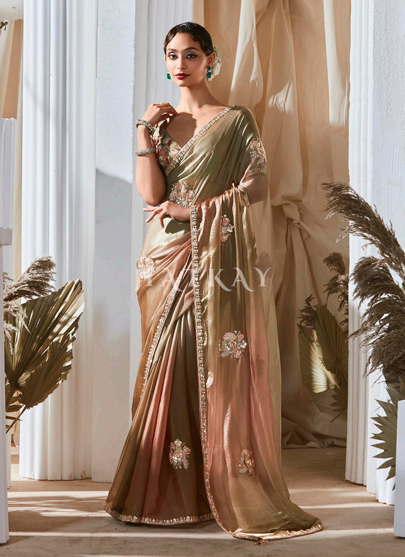 Peach Green Ombré Party Wear Saree